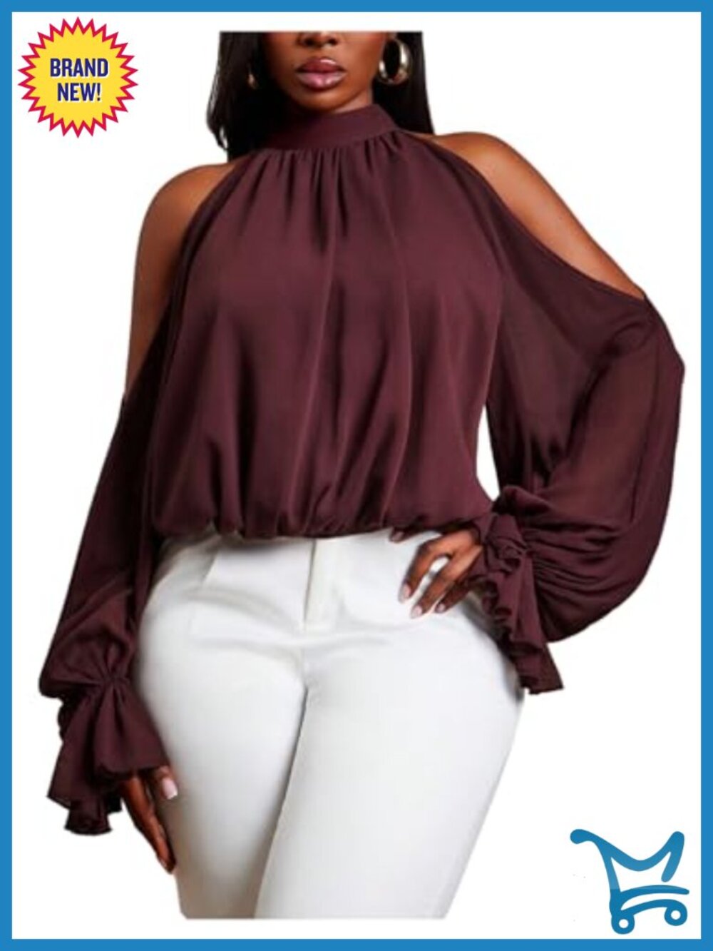 Plus Size Halter Blouse Cold Shoulder Long Sleeve Dressy Work Top